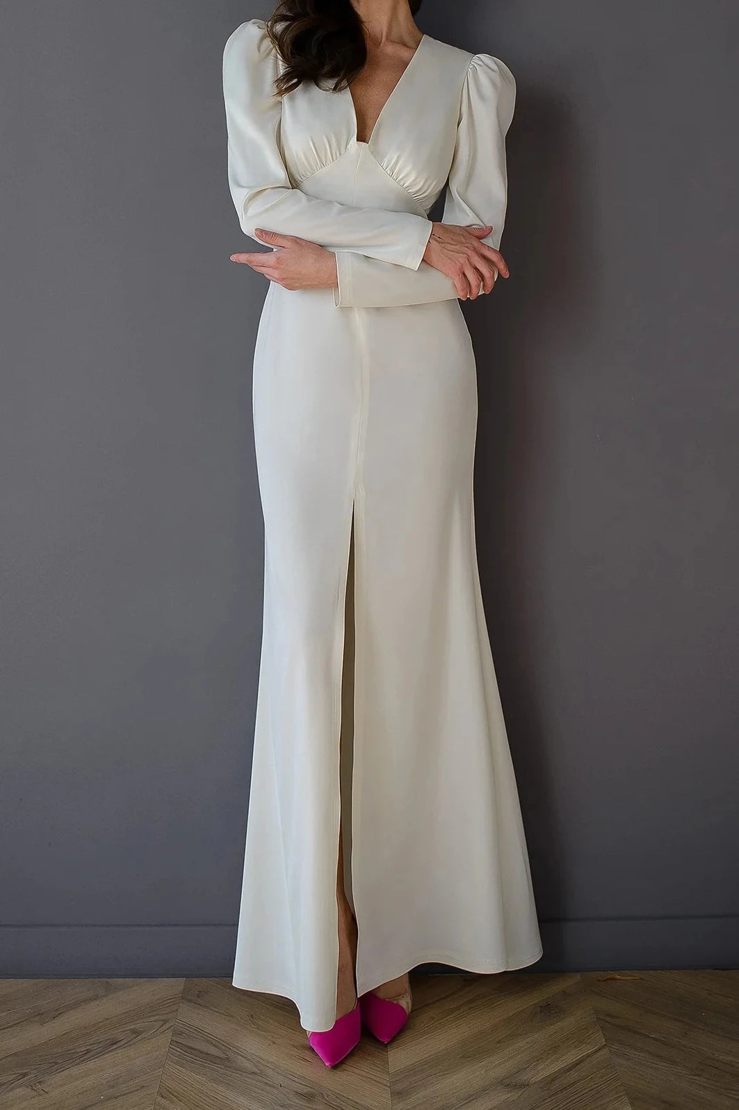 Elegant White V-neck Ankle Length Long Puff-Sleeve Party Dress Prom Dress With Slit 